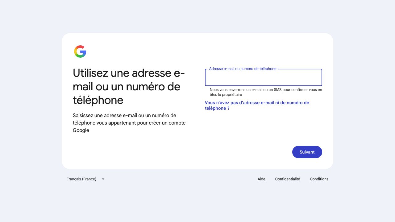 Configuration d’un compte Google avec un champ vide pour l’adresse e-mail ou le numéro de téléphone.